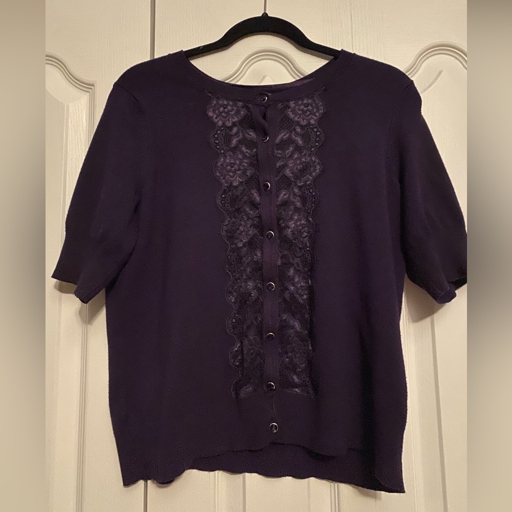 Addition Elle Deep Purple Lace Accent Short sleeve cardigan